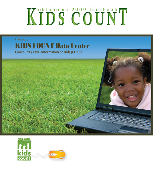 Kids Count 2009 Splash Page. Photo of computer in a field. Image of young girl on computer screen. Click to Enter