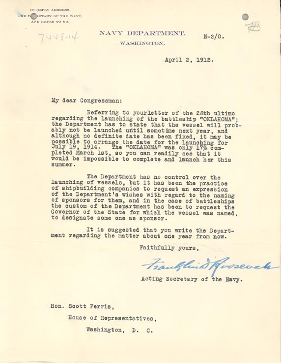 Letter from FDR to Gov. Cruce regarding the launching of the USS Oklahoma