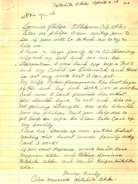 Letter from Clem Hancock to Governor Leon Phillips about getting work