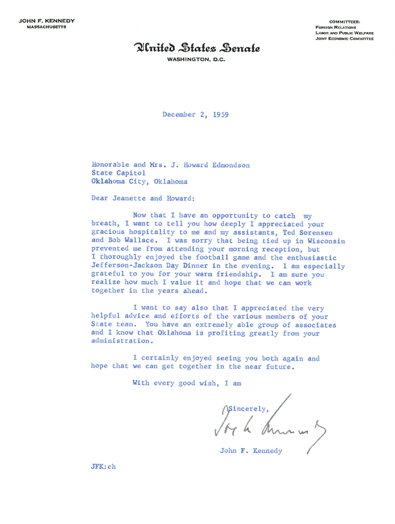 Letter from Senator John F. Kennedy to Governor and First Lady Edmondson