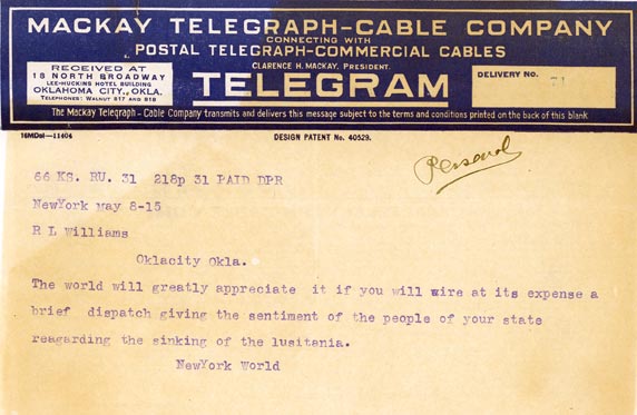 Telegram to Gov. Williams regarding the sinking of the Lusitania