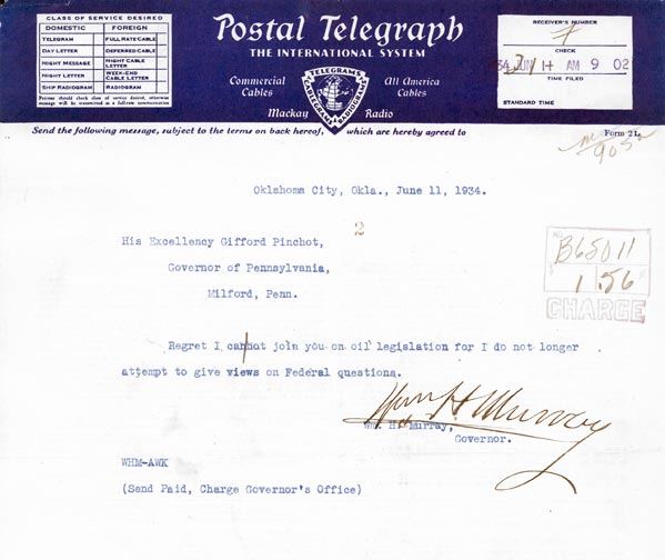 photo of telegram from Gov. William H. Murray to Pennsylvania Governor Gifford Pinchot