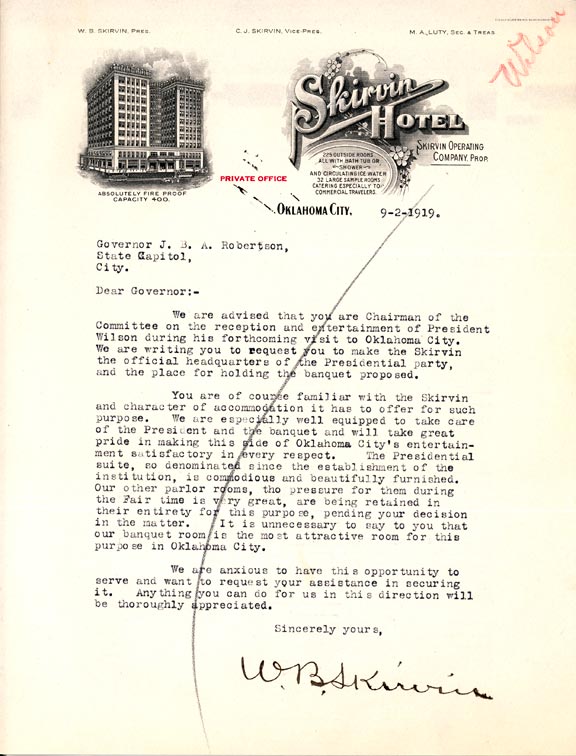 Letter Regarding Pres. Wilson's visit to Oklahoma