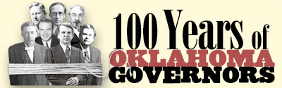 100 Years of Oklahoma Governors logo (collage of [lft to rt, top] Trapp, Johnston, and Wm Murray; [bottom] Cruce, Bellmon, Nigh, and Boren)